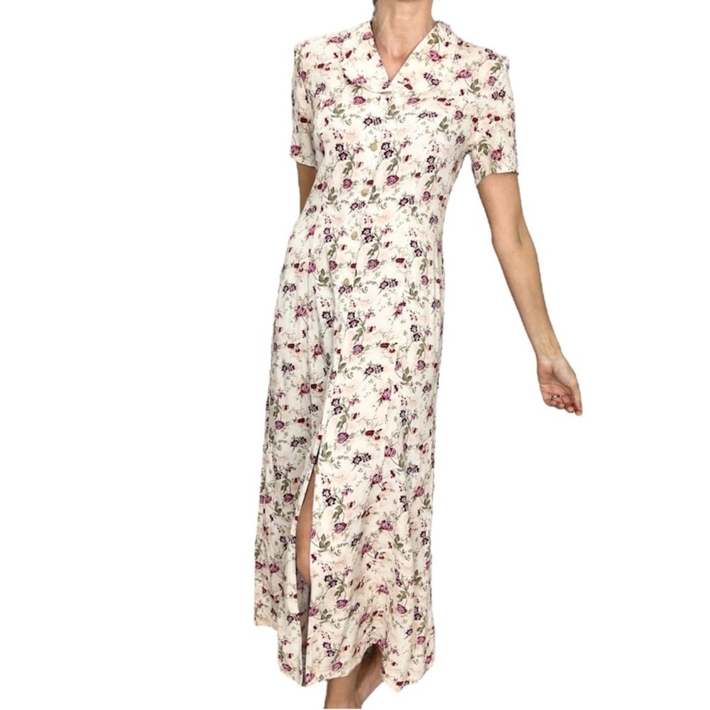 Vintage 80s 90s blush pink floral short sleeve button front maxi dress